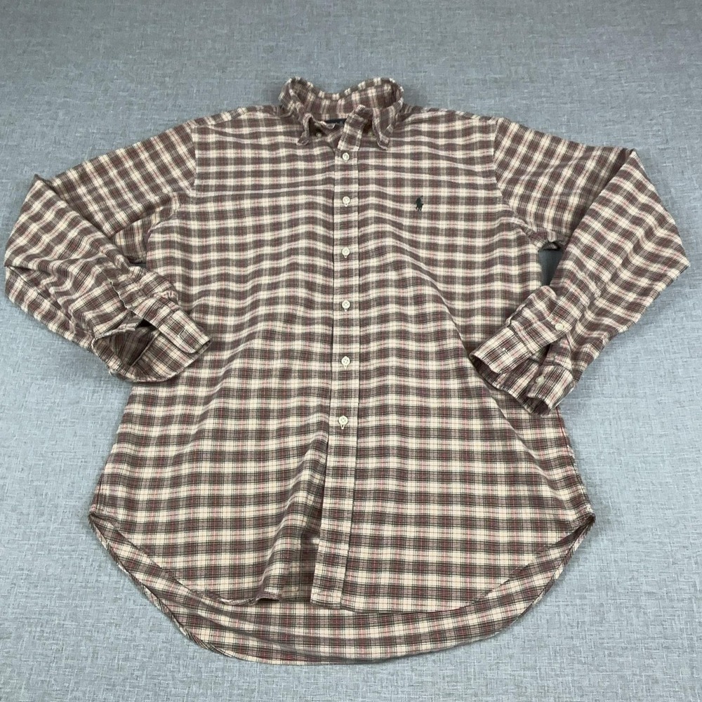 Ralph‎ Lauren Shirt Mens Large Beige Plaid Long Sleeve Button Up Classic Fit Vtg
